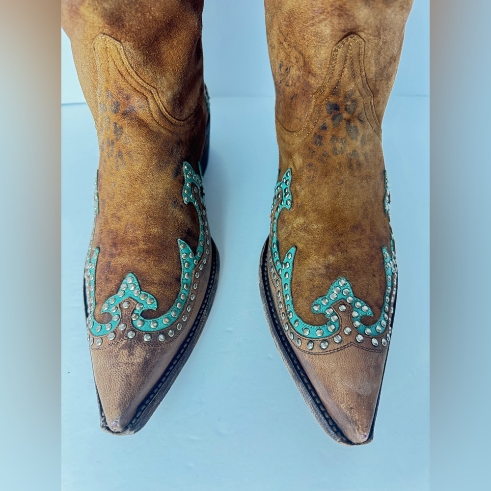 Old Gringo Western Tan and Turquoise Leather Cowboy Boots Size 9B - Picture 6 of 15